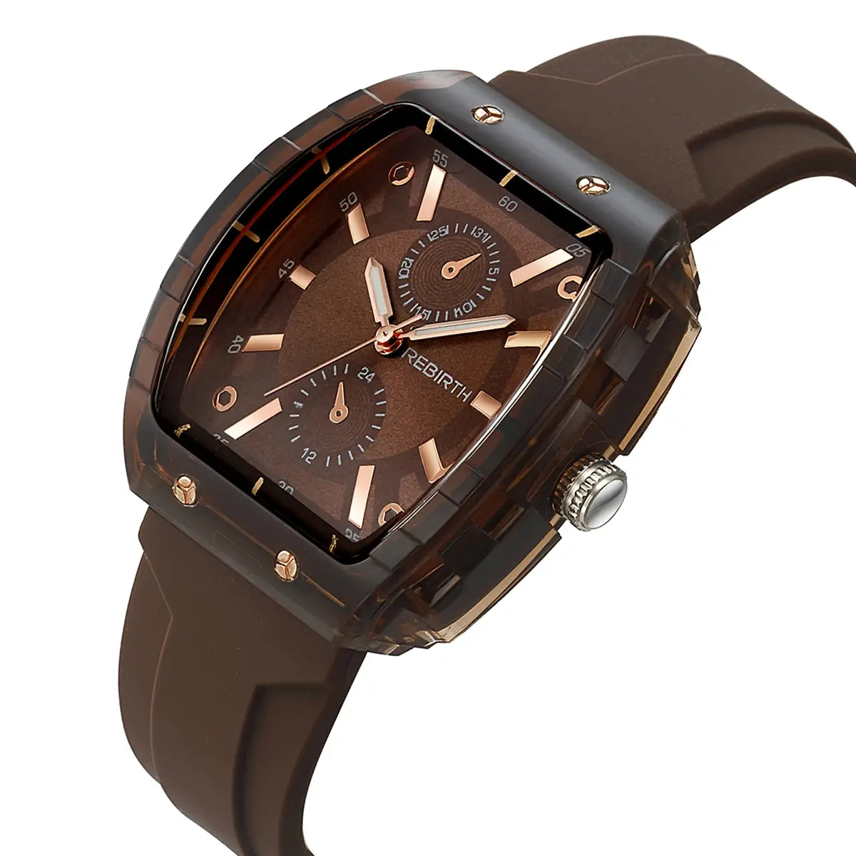 Brown rebirth silicone casual watch with rose gold rectangular dial featuring a translucent brown face and matching silicone strap.