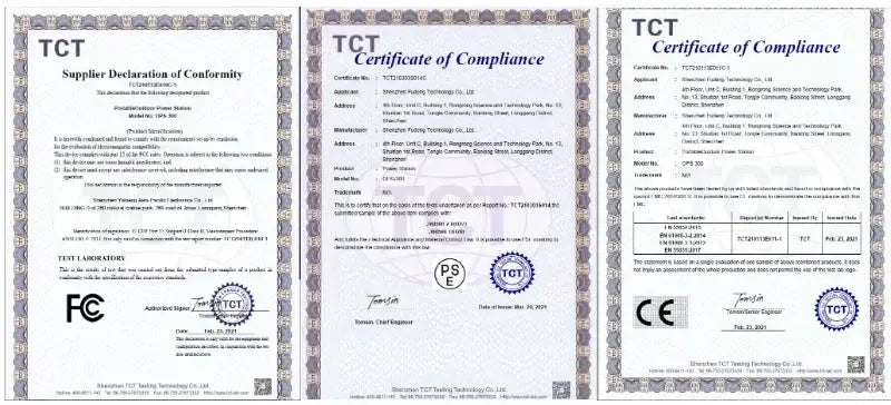 three official tct compliance certificates with formal black text and ornate gray borders certifying the magnetic power bank 20000mah fast wireless charger power bank battery feature.