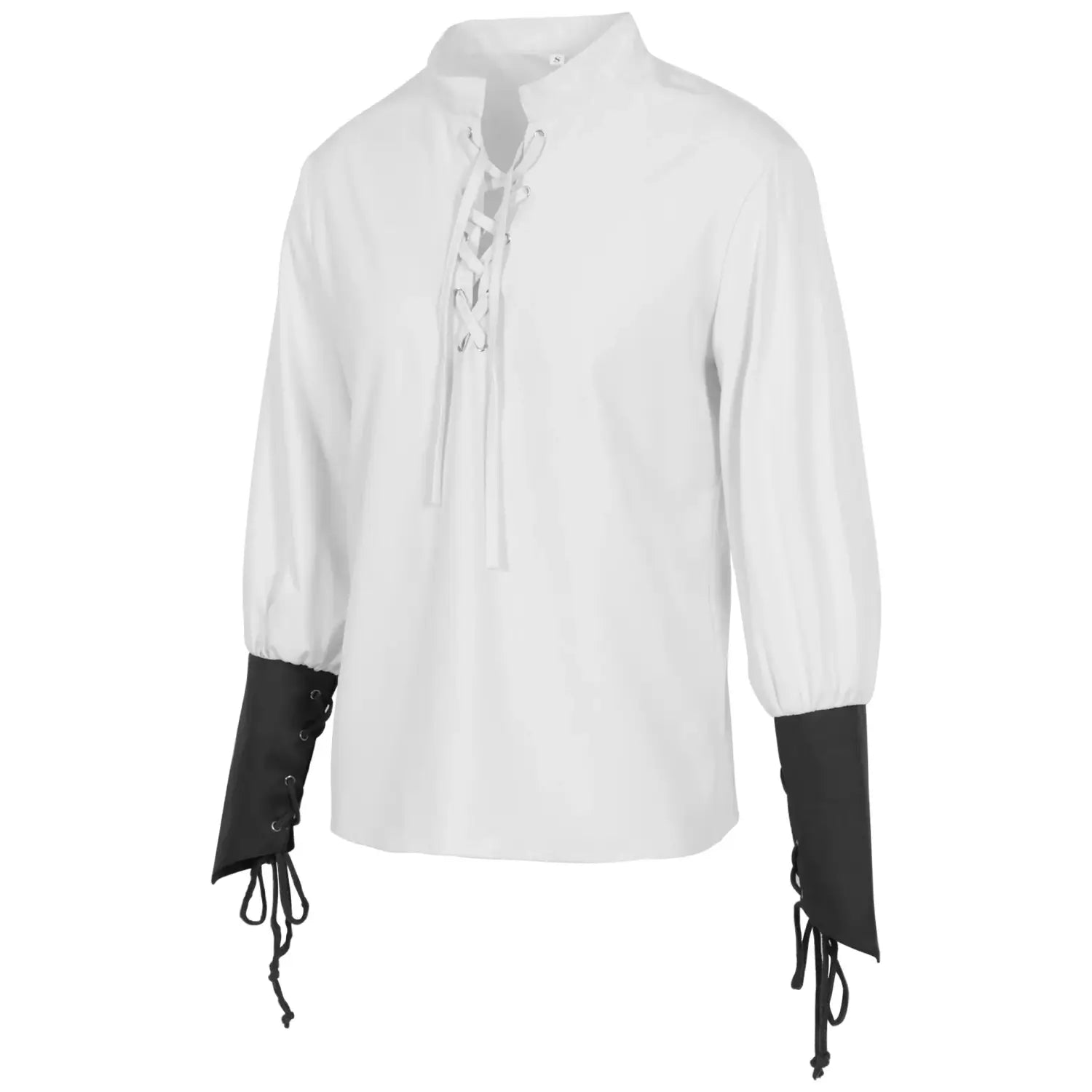 White long-sleeved mens pirate medieval renaissance shirt with black lace-up cuffs and front lacing detail viewed from the front by arba global.