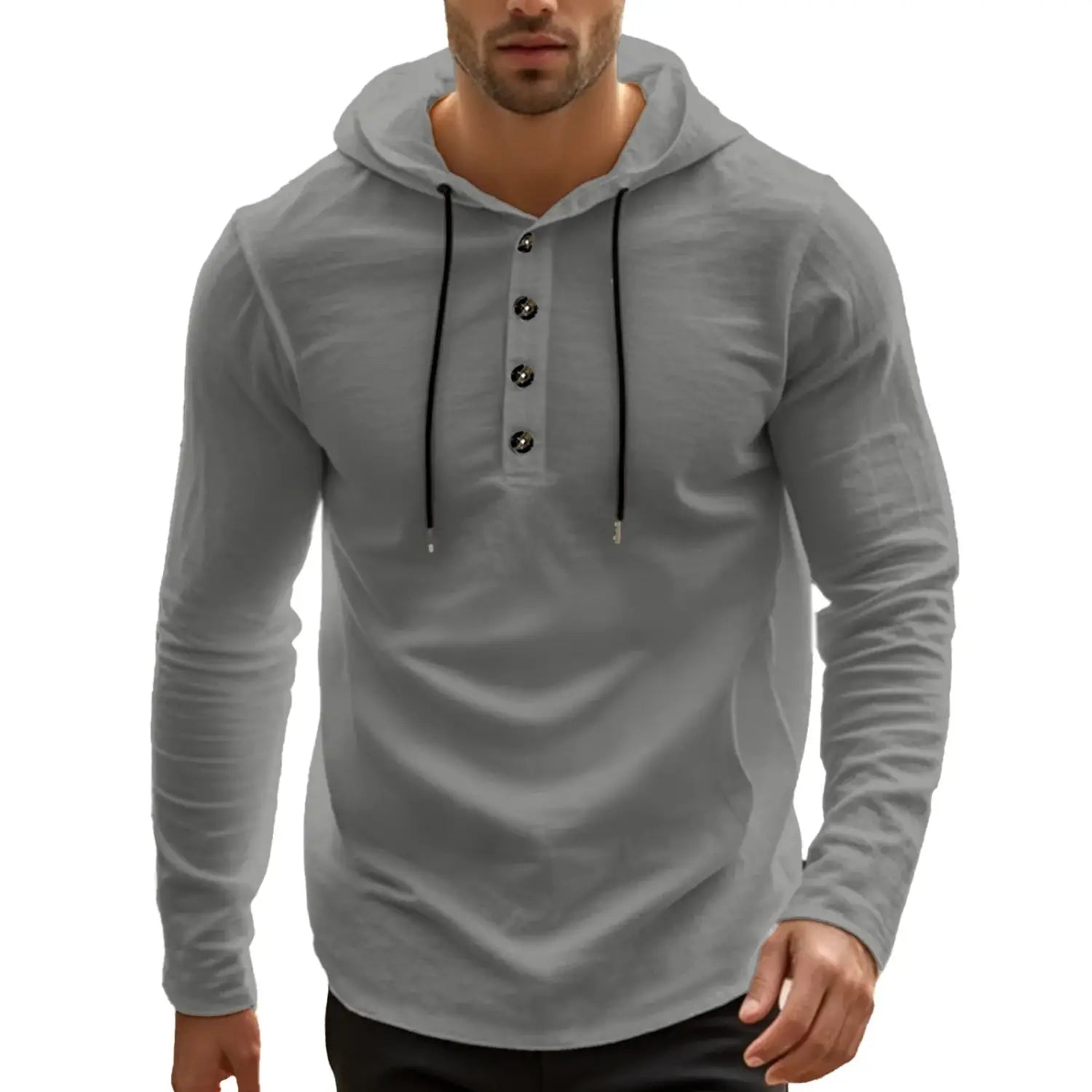 Men cotton linen hooded henley shirt in gray with long sleeves black drawstrings and button placket.