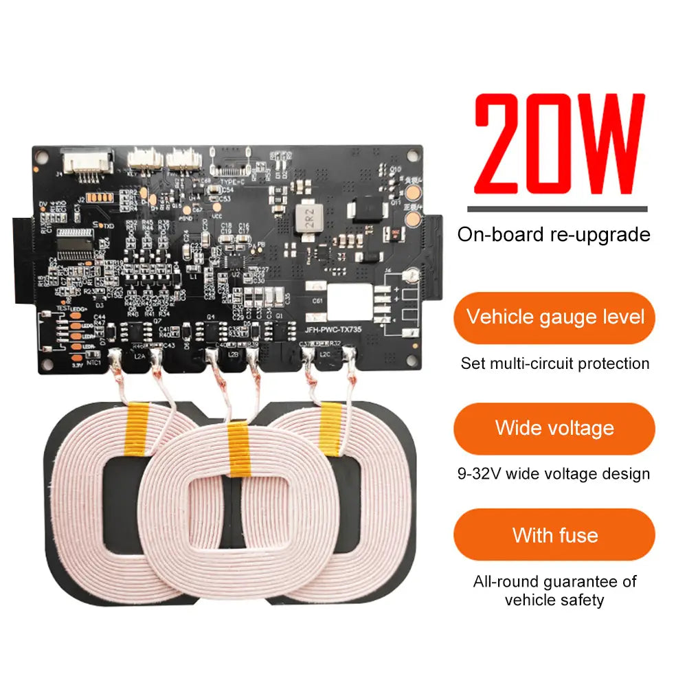 Black 20w quick charging wireless charger module with integrated circuitry and three pink coil pads designed for 9-32v wireless charging applications.
