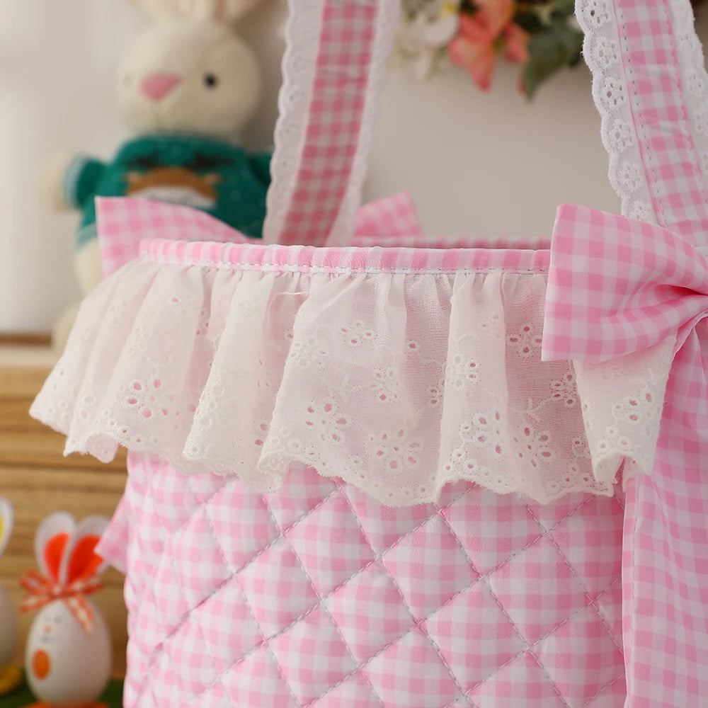 Easter Basket With Lace For Kids Trim Cute Quilted Gingham Egg Hunting Basket Spring Gift-giving Easter Accessory Party Supply