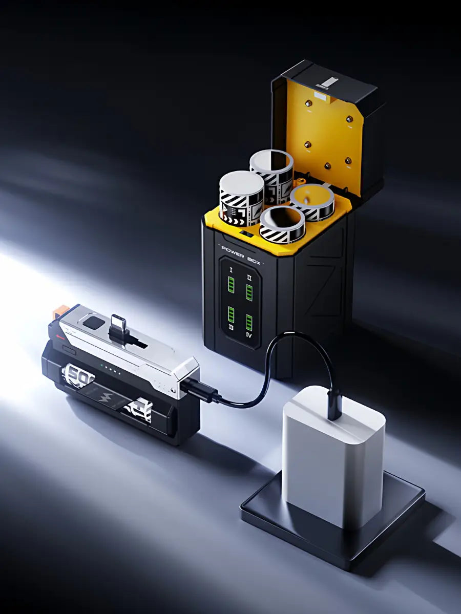 Taktische 5000-mAh-Taschenbatterie in Schwarz und Gelb mit vier zylindrischen Akkumodulen und digitaler Anzeige der Ladezustände – für zuverlässige Stromversorgung an Arbeitstagen sowie positive Rückmeldungen von Nutzern.