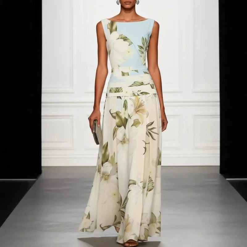 Casual Draped Swing Formal Party Dresses O-neck Sleeveless Elegant Holiday Dress Women Fashion Floral Print Slim Fit Long Dress