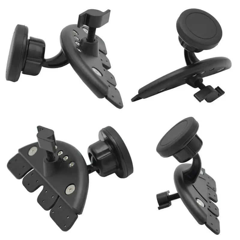 Black plastic mini magnetic CD slot car phone mount with adjustable arm and suction cup base for GPS and iPhone usage