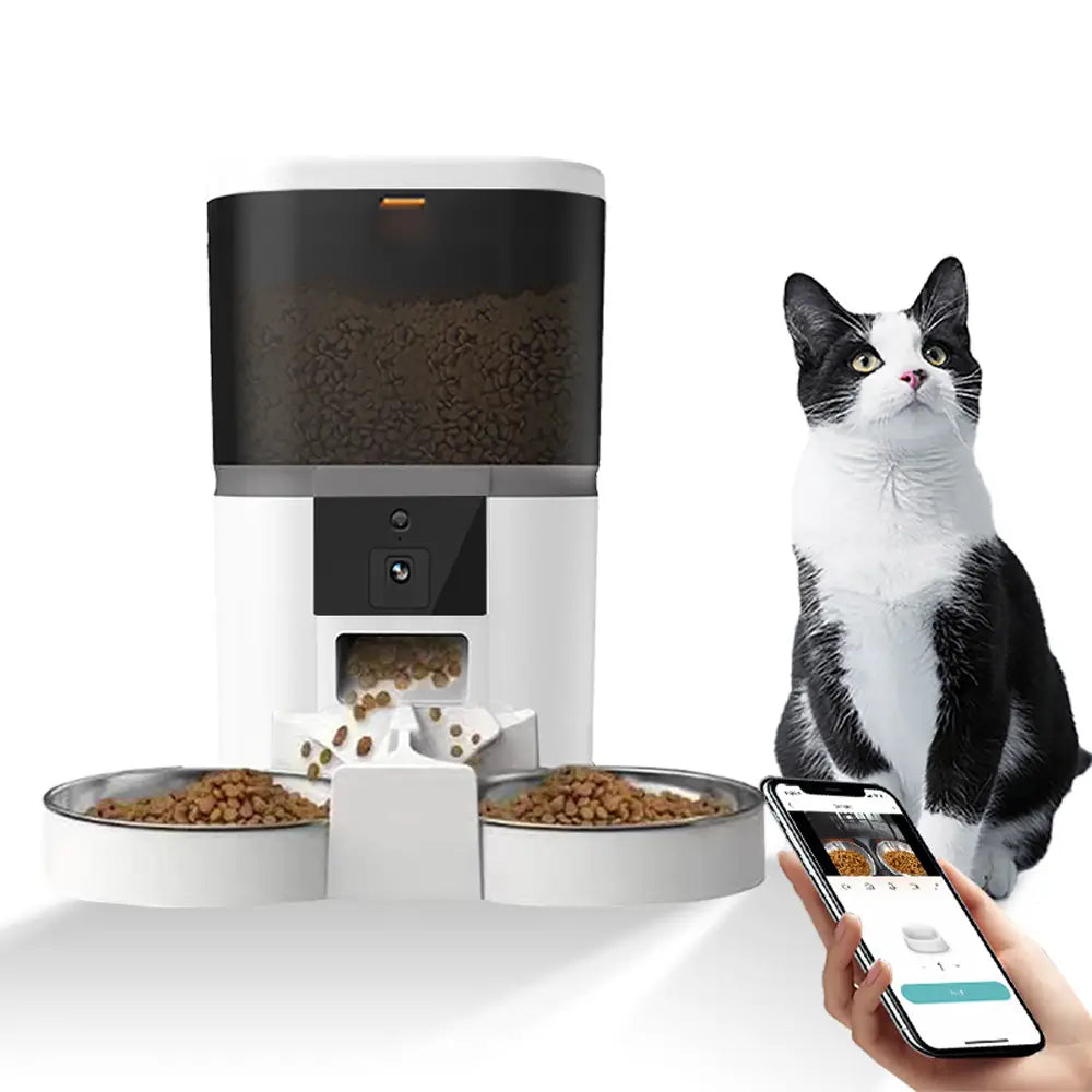 Smart dual pet feeder in white and black with dual stainless steel bowls featuring hd camera and app control for meal video monitoring and product description.