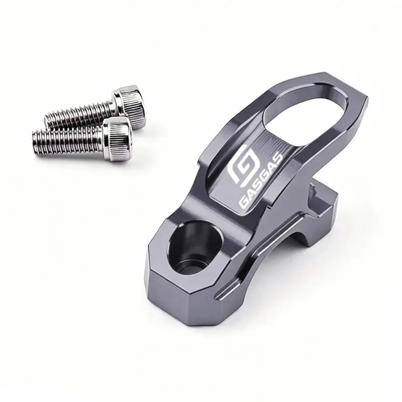 Ein dunkelgrauer, eloxierter Aluminium-Gasgas-Lenker-Helmhalter mit integrierter Befestigungsvorrichtung und CNC-Haken, von der Rückseite abgebildet