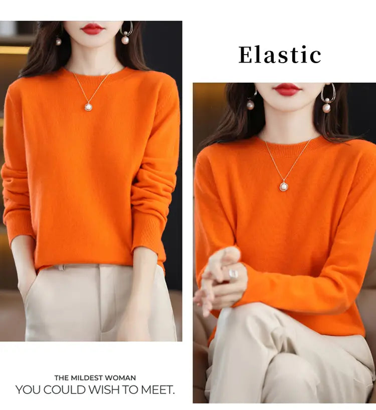 Vibrant orange pure wool cashmere O-neck pullover sweater with long sleeves and a soft elastic fit.
