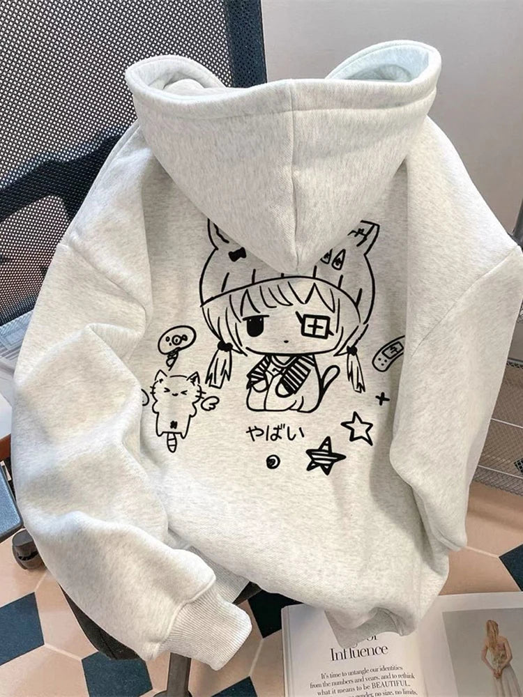Cartoon Kawaii Hoodies Women Thick Warm Long Sleeve Loose Cute Sweatshirts Fall Winter Preppy Style Pockets Harajuku Female Tops