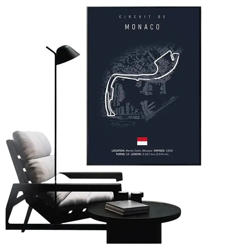 Dark blue framed monaco race track circuit canvas painting with white line drawing and gray cityscape for home decor
