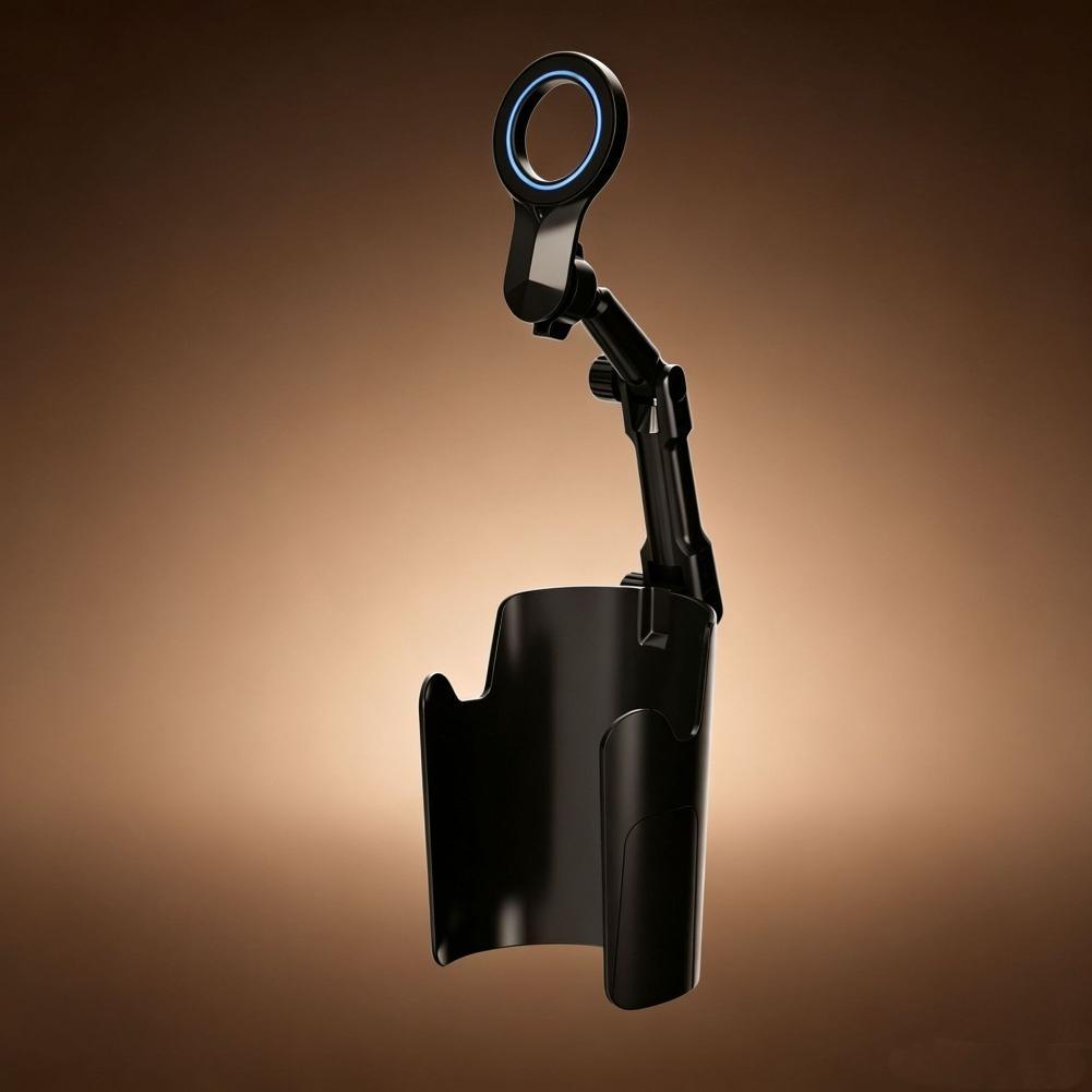 Support de téléphone réglable noir avec aimant puissant, comprenant une fixation d’agrandisseur circulaire et une bague lumineuse à DEL bleue, conçu pour un usage avec porte-gobelet.
