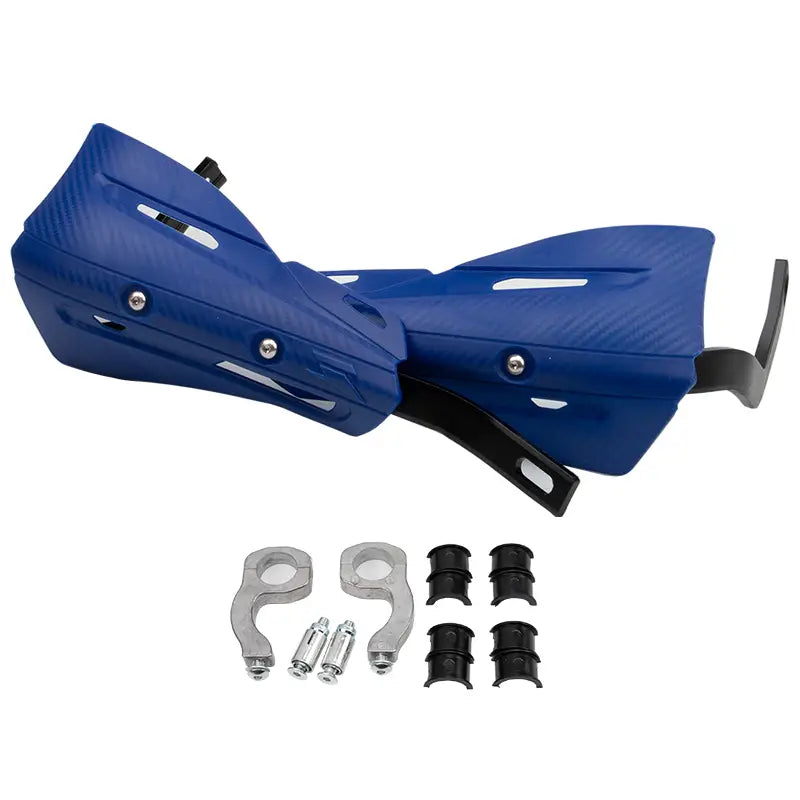 Universal dirt bike handguard mounting kit featuring blue motorcycle hand guards with a textured carbon-fiber-like finish and silver screws.