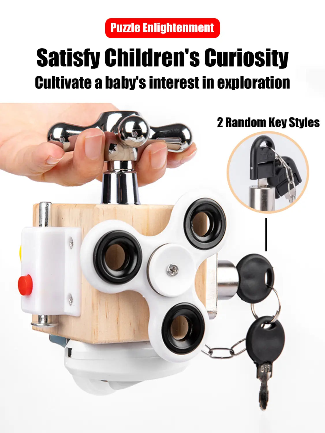 Wooden busy board featuring a wooden and white puzzle toy with chrome handle black keyhole accents and two random key styles attached by chain designed as a montessori sensory fidget toy.