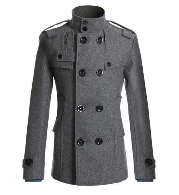 Gray double breasted warm woolen coat for men featuring black buttons and shoulder epaulets.