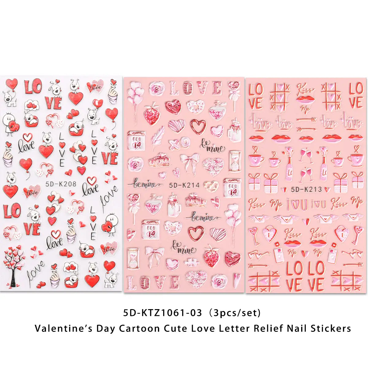 Pegatinas para uñas de San Valentín con corazones de amor y arte floral DIY, que presentan un diseño en relieve de carta de amor tipo caricatura, adorable, en rosa y blanco, con un beso con forma de corazón y elementos románticos