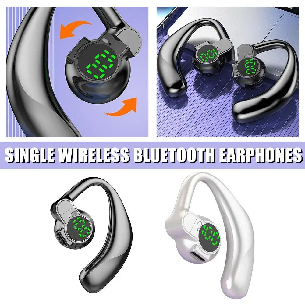 Black and white open ear Bluetooth 5.4 sport earhook headphones with wireless single earphone design and digital displays.