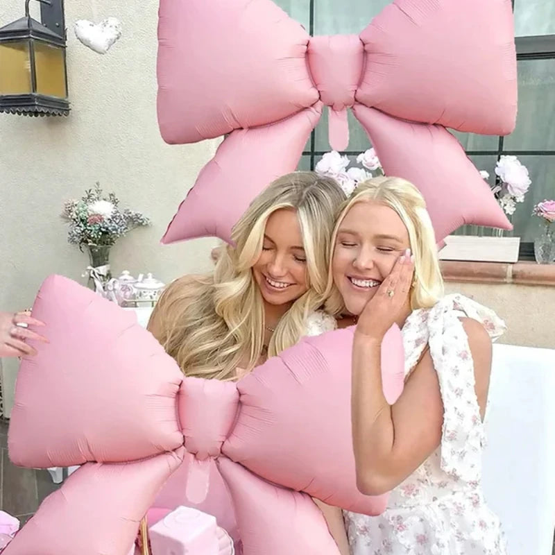 White Happy Birthday Banner Balloon and Light Pink Bow Balloon with Pink Ribbon Bow, Birthday Party Decoration