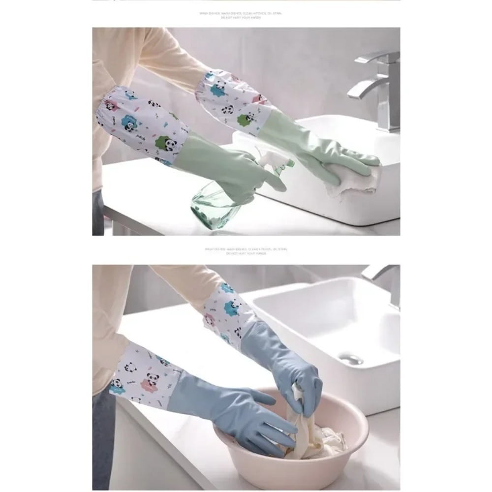 Waterproof cleaning gloves featuring light green and white panda-patterned rubber with elastic cuffs.