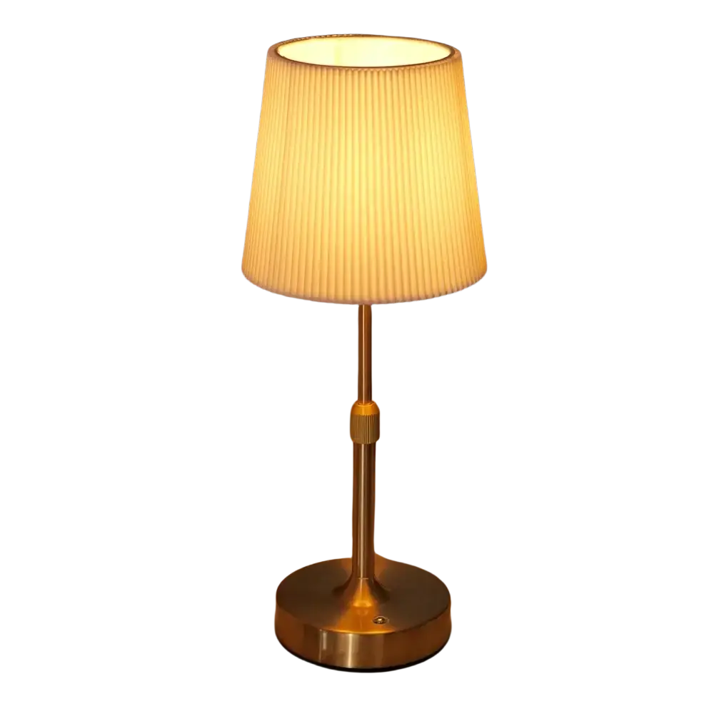 A warm-toned cream pleated fabric lampshade on a brass finished led fabric book light charging touch table lamp e12 bulb