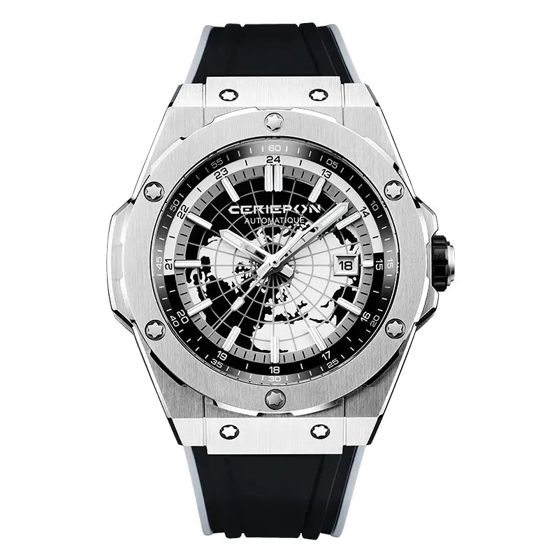 Montre automatique mécanique pour homme de style hublot à l’aspect argenté, boîtier en acier inoxydable et céramique, bracelet en caoutchouc noir, et cadran squeletté mettant en valeur des détails de carte du monde.