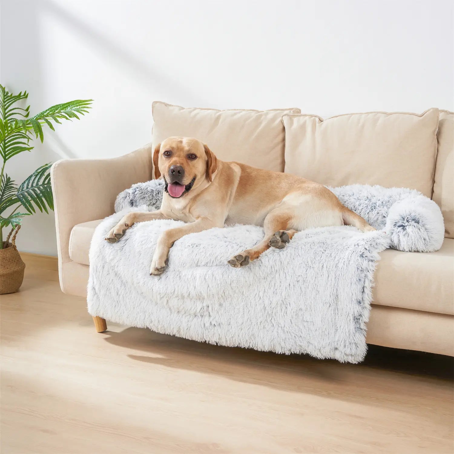 plush faux fur dog bed sofa washable warm nest featuring a fluffy white faux fur pet blanket with a soft shaggy texture and cozy pom-pom ends