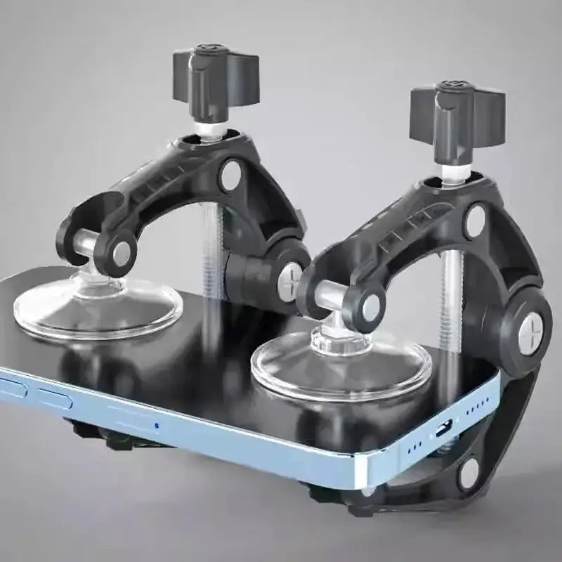 Black adjustable suction cup phone holder with clear circular bases and knurled knobs for secure grip designed as a phone screen separator tool with minimalist style.