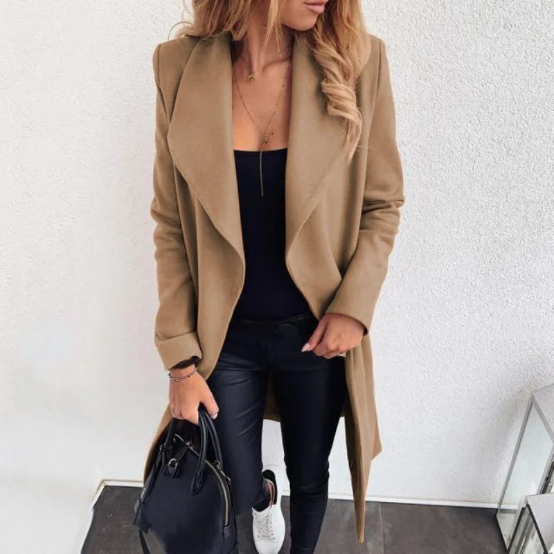Women's Clothing European American Autumn Winter New Fashion Strap Lapel Solid Color Woolen Coats Jacket Blends