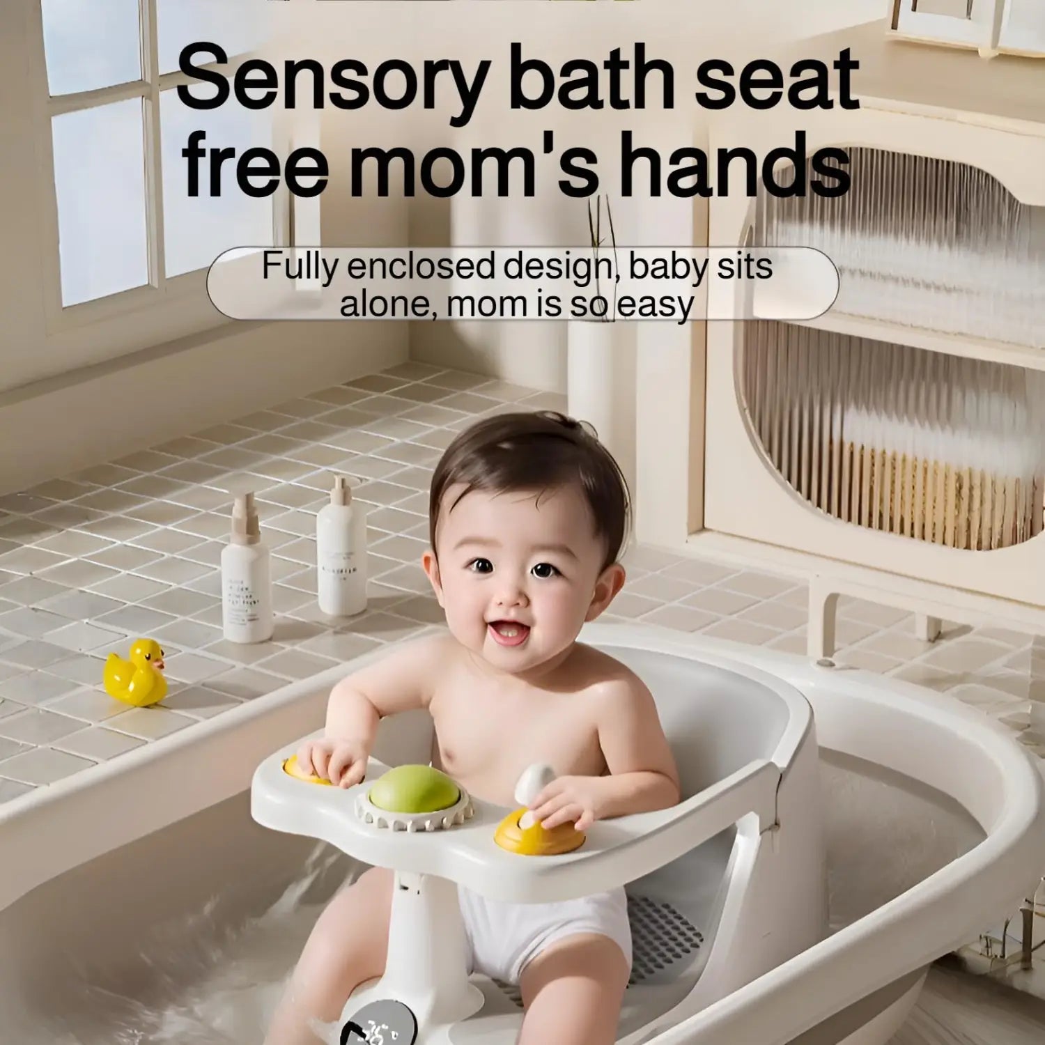 Asiento de baño para bebé de plástico blanco con asas texturizadas de colores, botón circular verde de visualización de temperatura y ventosas para un uso seguro.