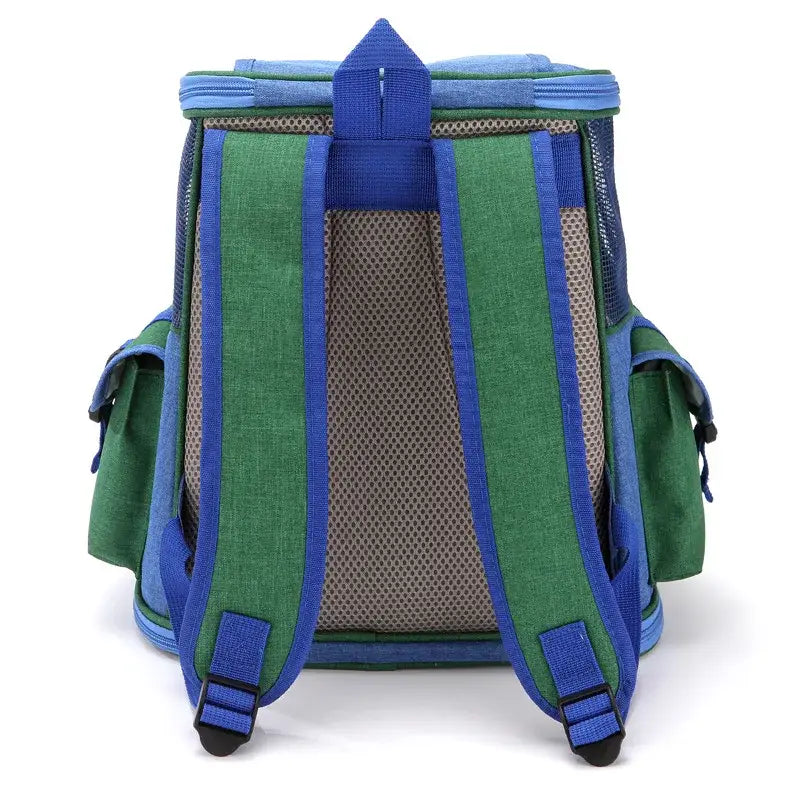 Mochila de viaje para mascotas de tela Oxford verde y azul con respaldo de malla, con correas ajustables, diseñada para caminatas y para el uso de suministros para mascotas.