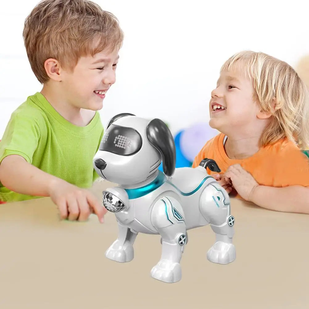 ターコイズのアクセントを備えた白色と黒色のロボット犬のおもちゃで、デジタル目表示とLEDライトを備え、インタラクティブな歩行遊び用のインテリジェントな音楽ロボットとして設計されています。