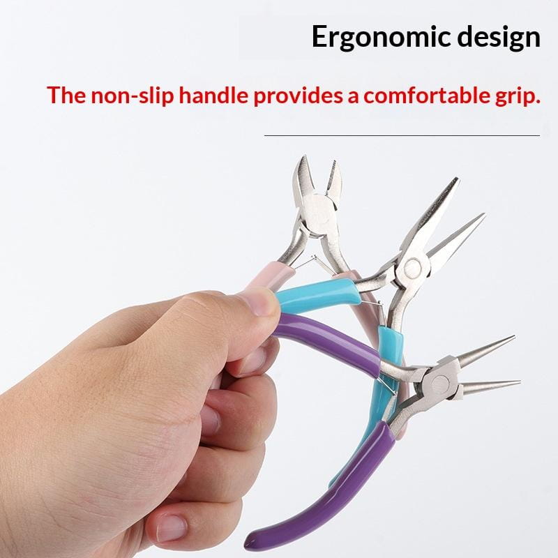 Ensemble de trois pinces à bijoux ergonomiques colorées avec des poignées antidérapantes violettes et turquoise et des mors en acier inoxydable pour un travail et des réparations précis.