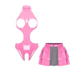 Women Wet Look PU Leather Outfits Cup Cutout Open Crotch Bodysuit with Open Front Tiered Ruffled A-line Miniskirt Night Clubwear