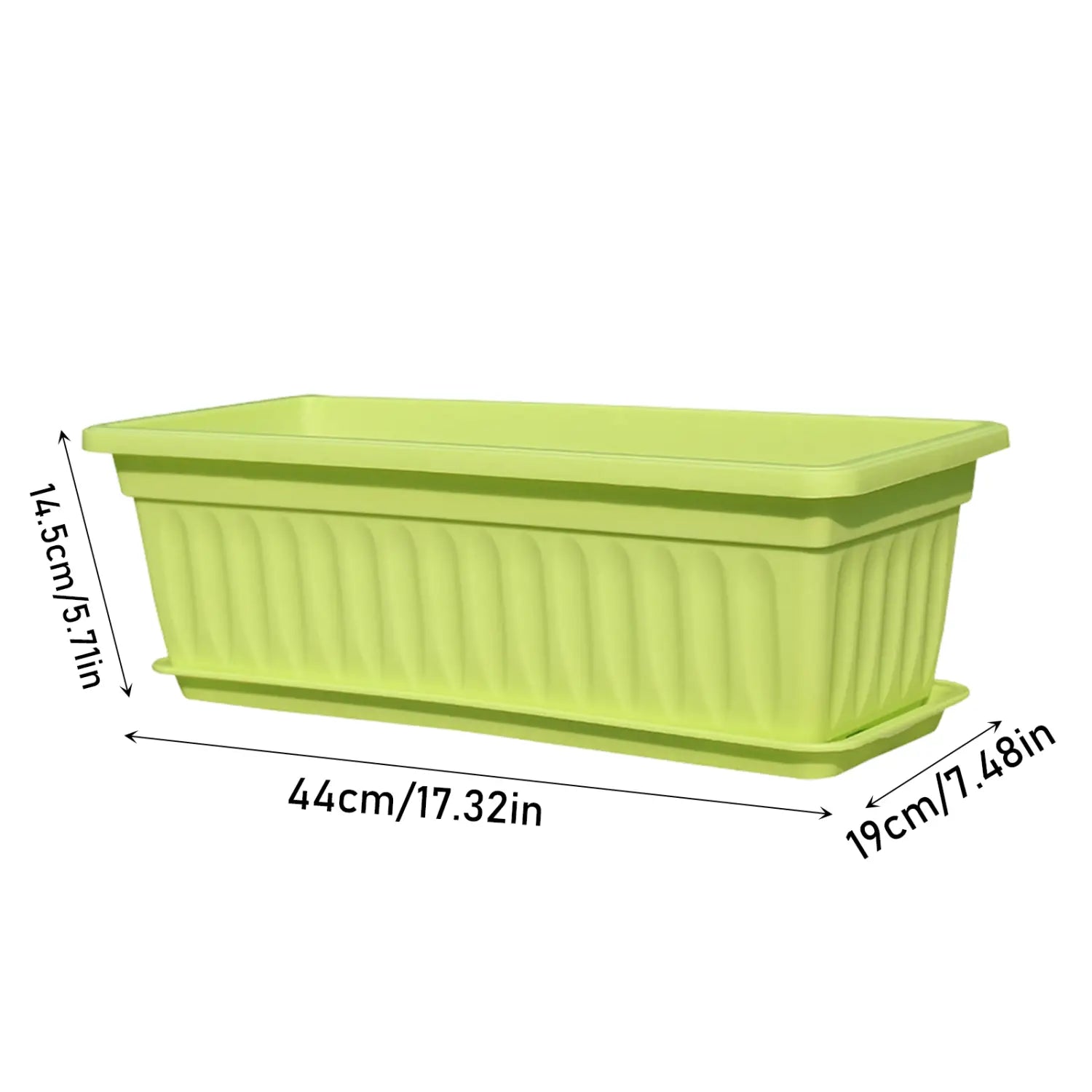 Bandeja de semillas para jardinería de plástico verde claro, rectangular, con acanalados verticales y base a juego para la descripción del producto de jardinería.