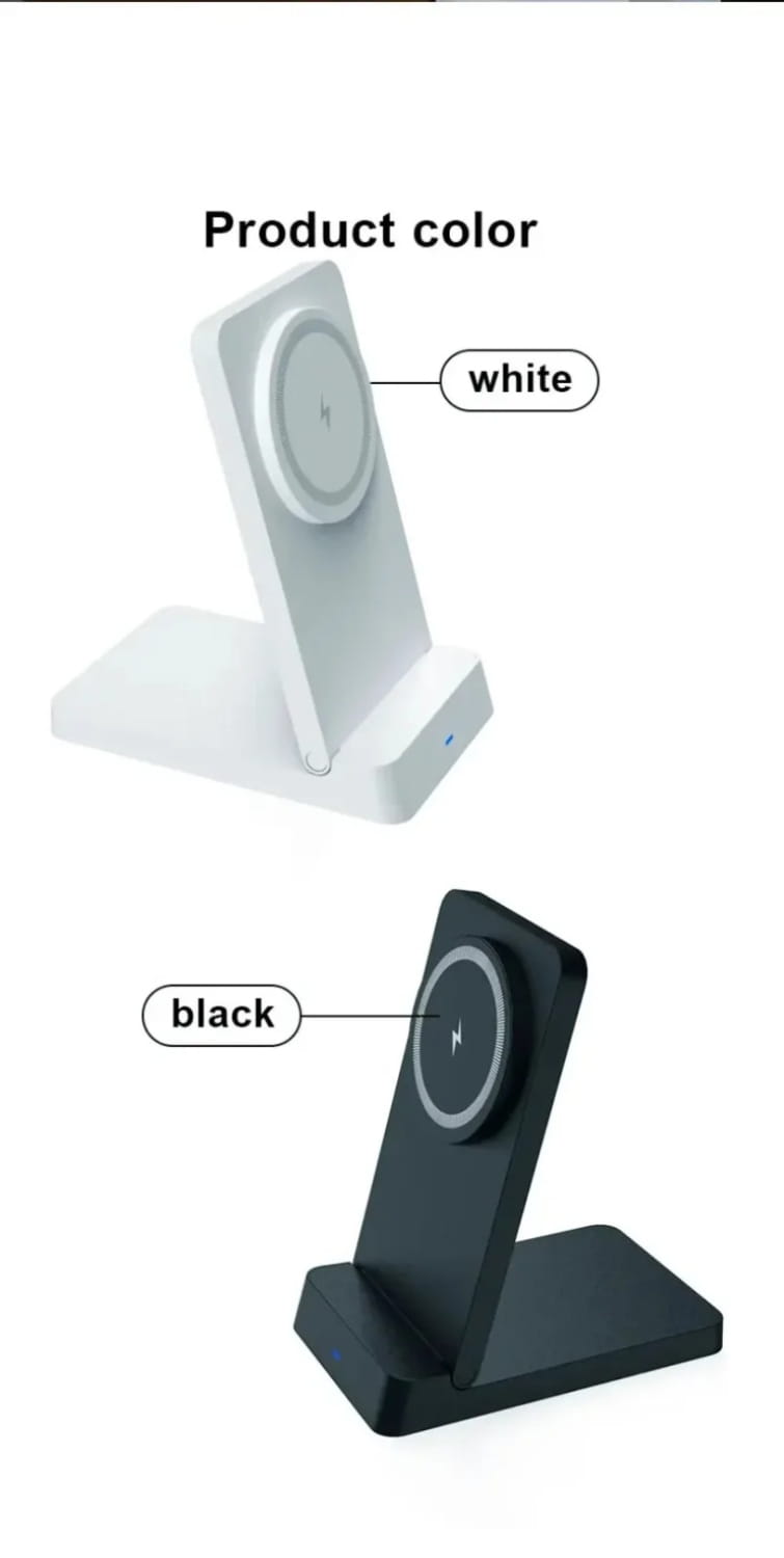 Cargador inalámbrico blanco de 15 W con soporte abatible magnético para teléfono, con almohadilla de carga circular y diseño minimalista y elegante para carga inalámbrica con anillo magnético.