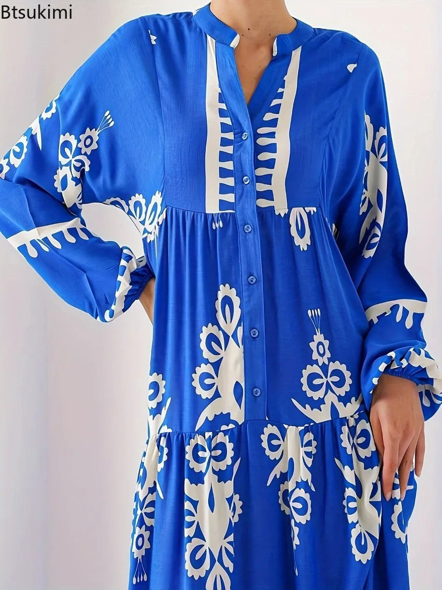 New Women's Loose Ethnic Retro Dress Spring Autumn Print V Neck Casual Long Dress Arab Style Bohemian Maxi Dresses Muslim Abayas