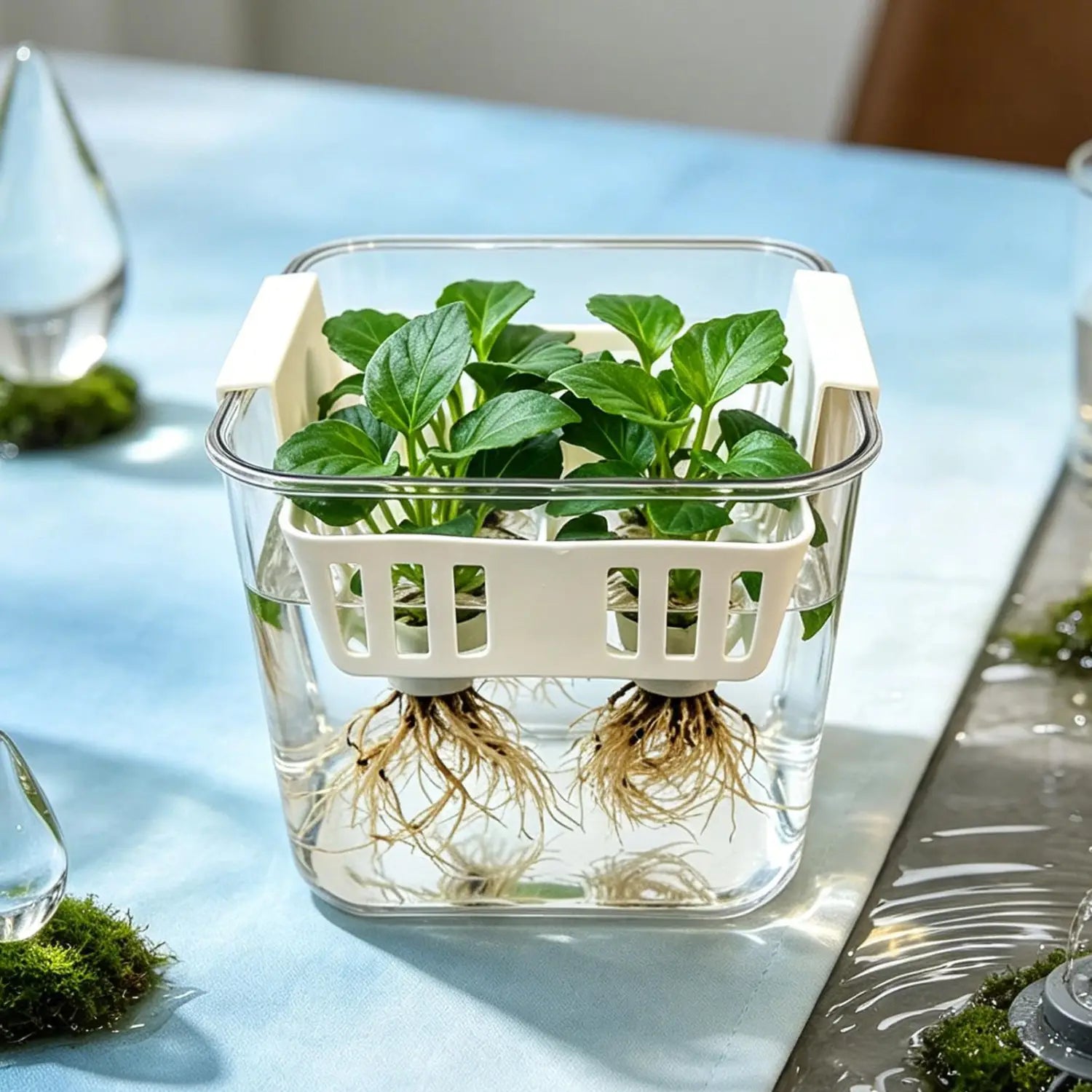 transparenter Glas-Hydroponik-Blumentopf mit weißen Kunststoff-Raster-Netztöpfen, der grüne Blattpflanzen enthält, die in Wasser eingetaucht sind