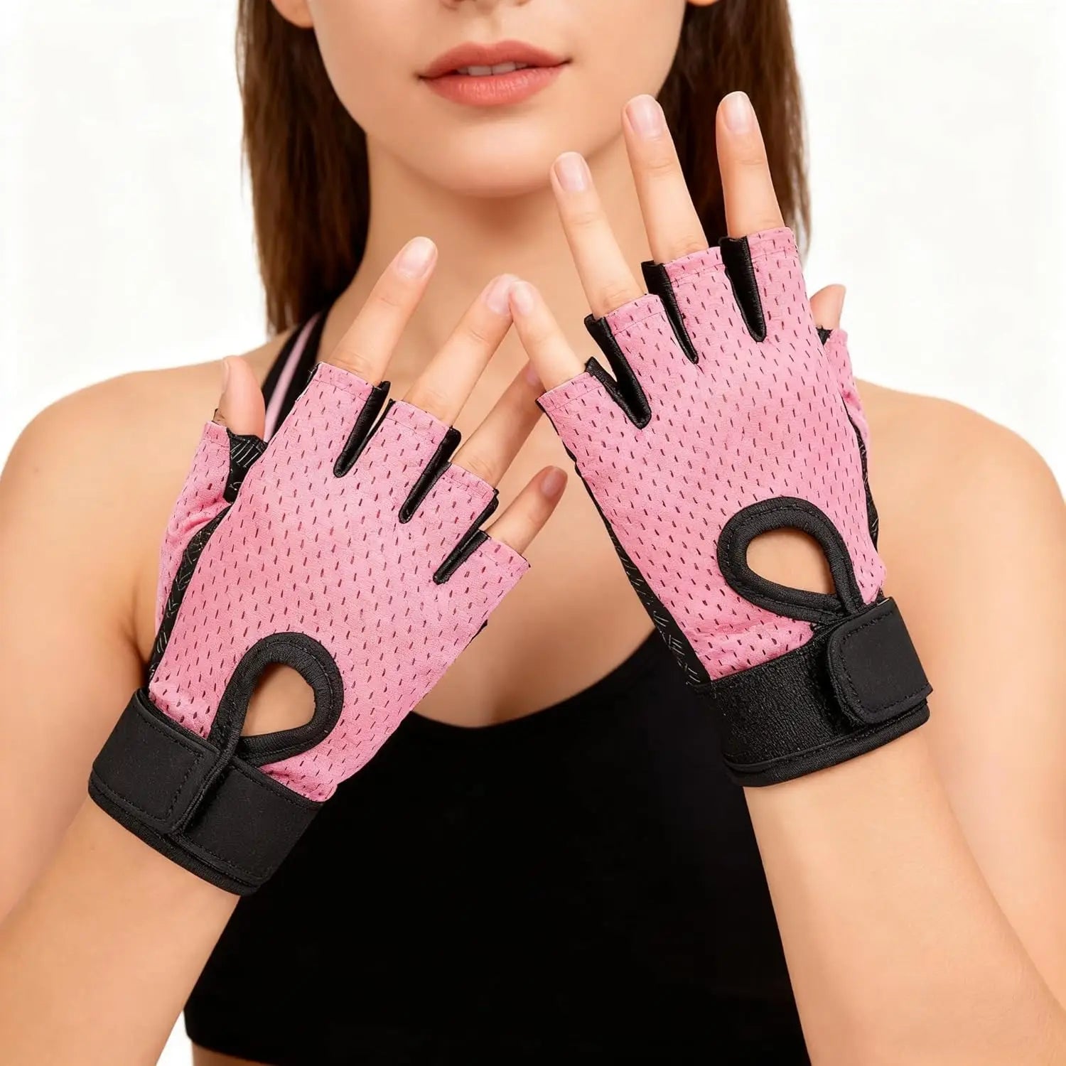 pink mesh fingerless weight lifting gloves with black reinforced fingertips and adjustable wrist straps designed for breathable gym exercise fitness use