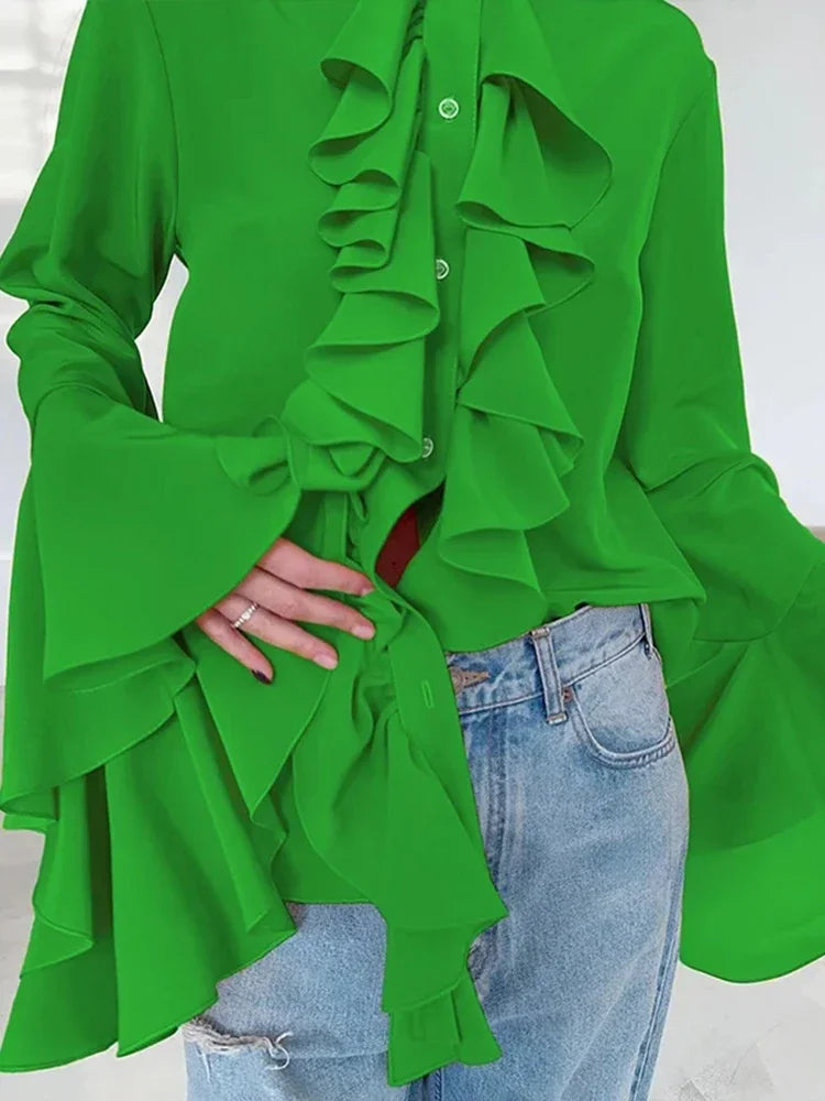 Women's Elegant Ruffle Single Breasted Shirts Casual O-Neck Sleeve Blouses Fashion Lady Temperamentigan Shirts Tops for Spring