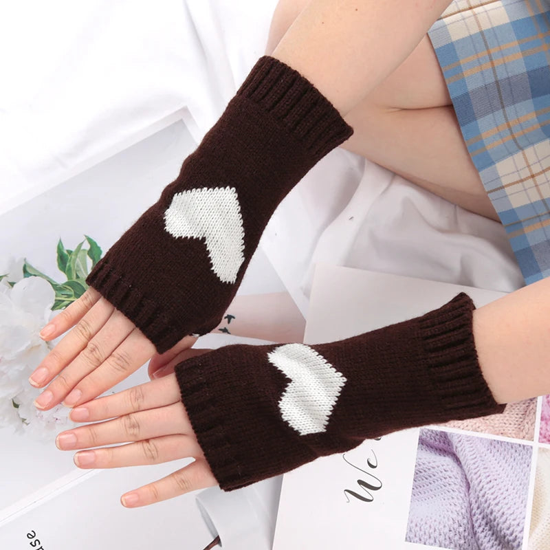 Women Gloves Stylish Hand Warmer Winter Glove Girls Arm Crochet Knitting Goth Lolita Heart Mitten Warm Fingerless Cosplay Gloves