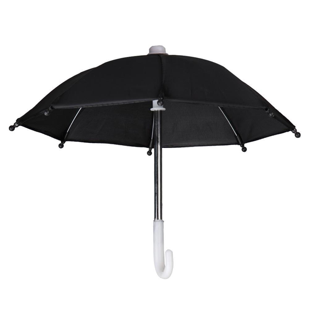 Mini doll umbrella bjd accessories showing a black umbrella with a white curved handle and a silver shaft.