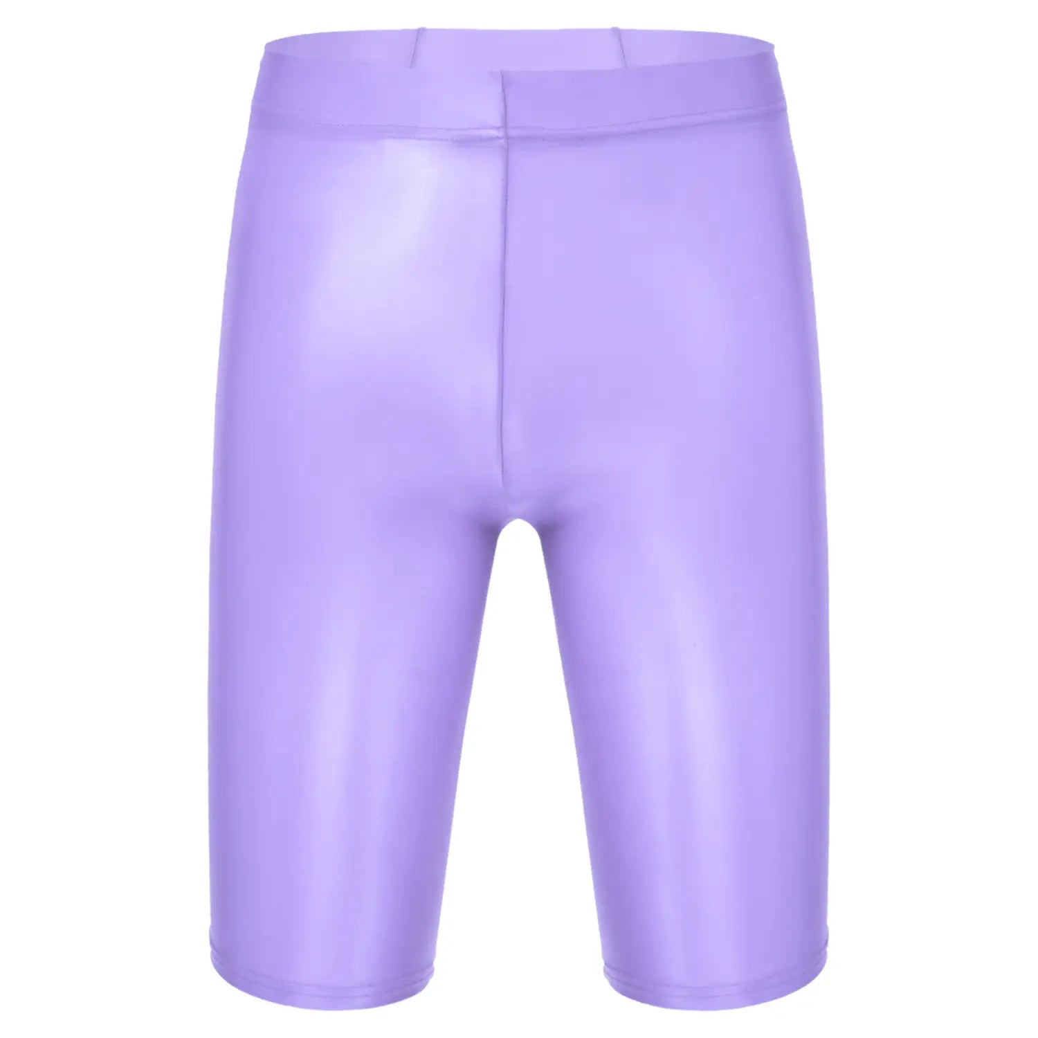 Leggings morados brillantes, confeccionados con material brillante, mostrados junto con una camiseta de compresión para hombre de manga larga y acabado brillante