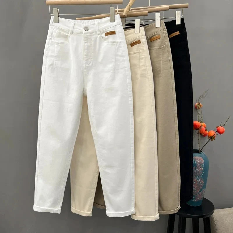 White Denim Casual Pants For women Spring Summer 2025 New High waisted Loose Slimming Harlan Carrot Pants Female Casual Jeans