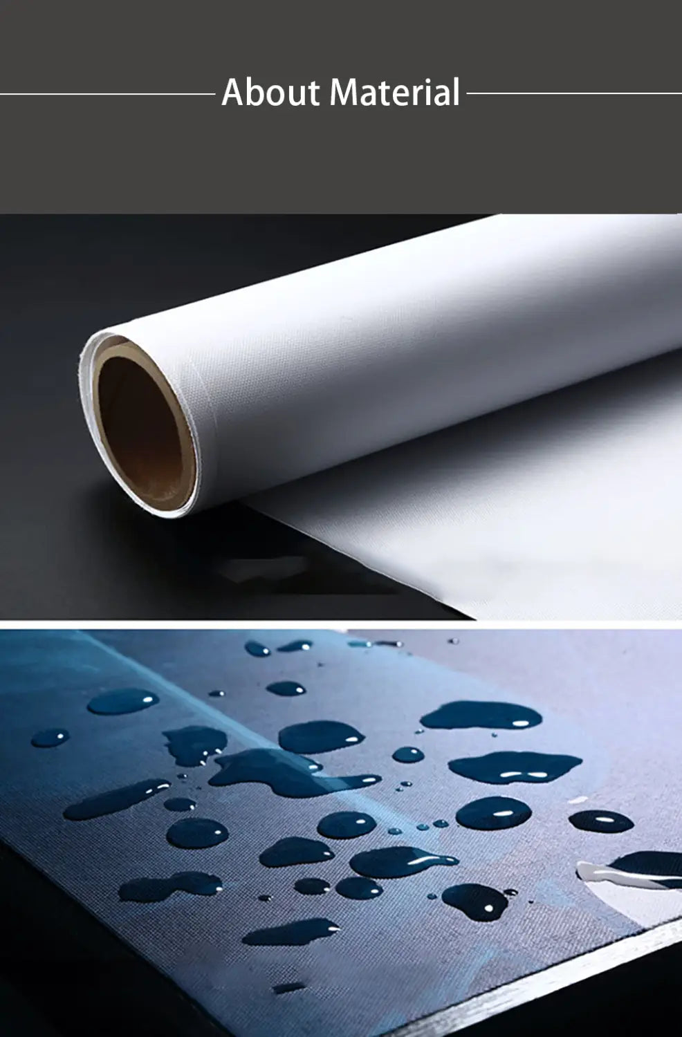 white roll of canvas fabric with water-resistant surface and textured material shown unrolled with droplets beading up for pilates exercise chart canvas wall art fitness poster