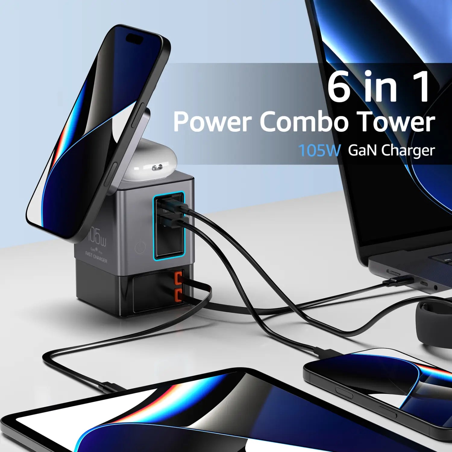 黒色およびグレーの6-in-1パワーコンボタワーチャージャーで、青色のアクセント照明を備え、複数のデバイス向けの105W充電ステーションとして設計されています。