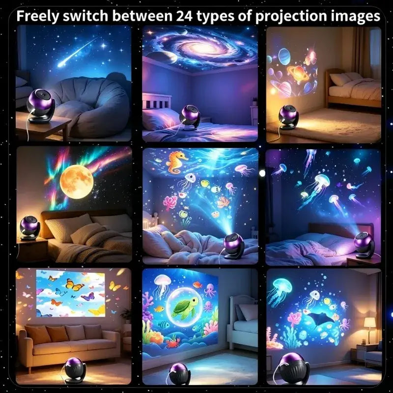 Purple and black spherical led projector light with a glossy finish designed to cast 24 immersive projection images including galaxies, marine life, and celestial scenes, suitable as a kids gift.