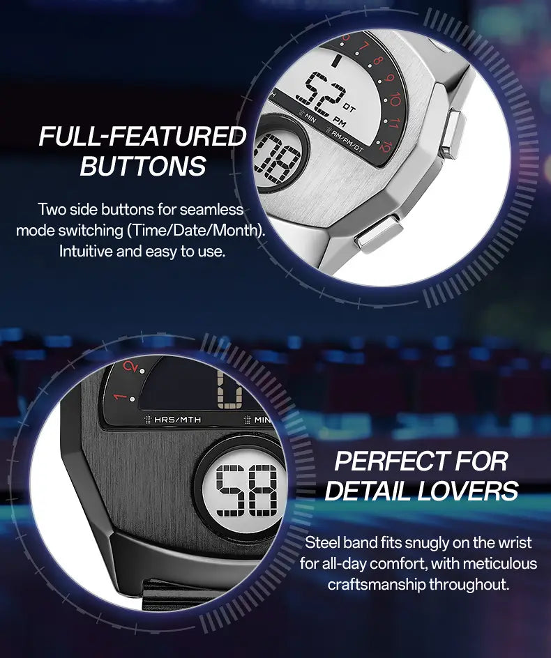 Megir men stainless steel digital watch with a silver-toned rectangular face and black steel band.