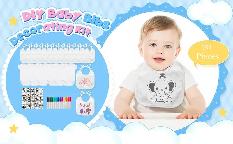 White baby bib made of soft fabric featuring a black elephant design from the Diy Baby Shower Bib and Bodysuit Decorating Kit.