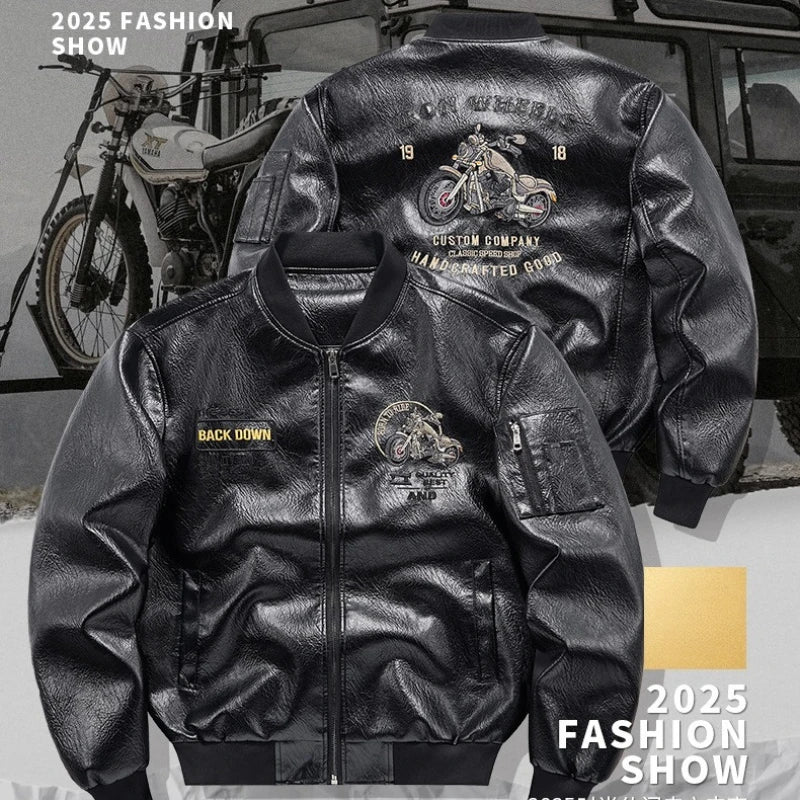 Men's Emboridery Motorcycle Leather Jacket Autumn American Motorbiker Coat Men Baseball Collar Pilot Casual PU Leather Jackets