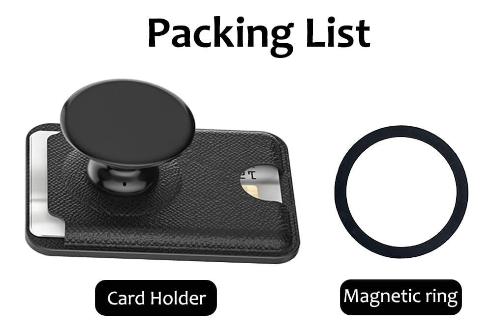 Schwarzer strukturierter Leder-Magnetkartenhalter mit angebrachtem Pop-Socket-Telefonhalter, von der Rückseite dargestellt.