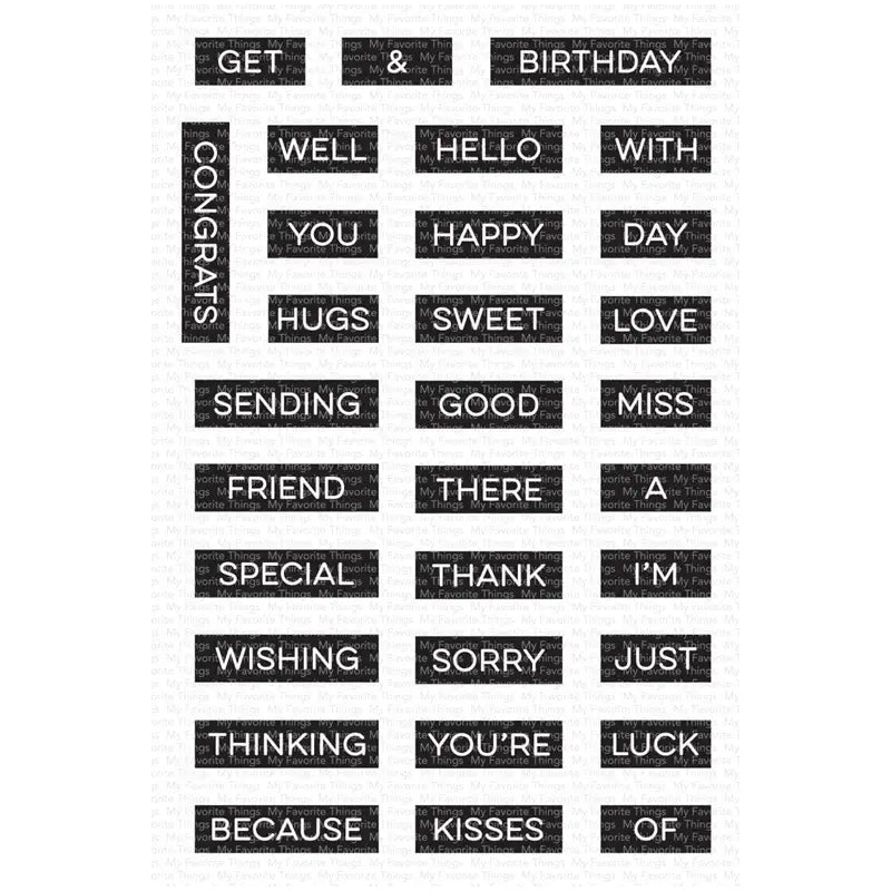 Hoja de calcomanías rectangulares negras con texto blanco en negrita y sans serif, con frases como «Recupérate pronto», «Hola» y «Gracias», de la colección de sellos transparentes de San Valentín y troqueles de corte.